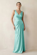 V - Neck Satin Ruched Sheath Bridesmaid Dress in Aqua - KissProm Bridesmaid Dresses
