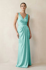 V - Neck Satin Ruched Sheath Bridesmaid Dress in Aqua - KissProm Bridesmaid Dresses