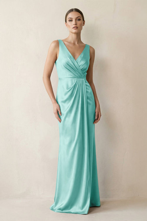 V - Neck Satin Ruched Sheath Bridesmaid Dress in Aqua - KissProm Bridesmaid Dresses