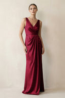 V - Neck Satin Ruched Sheath Bridesmaid Dress in Berry - KissProm Bridesmaid Dresses