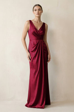 V - Neck Satin Ruched Sheath Bridesmaid Dress in Berry - KissProm Bridesmaid Dresses