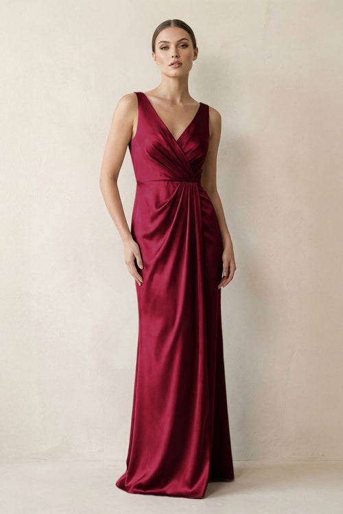 V - Neck Satin Ruched Sheath Bridesmaid Dress in Berry - KissProm Bridesmaid Dresses