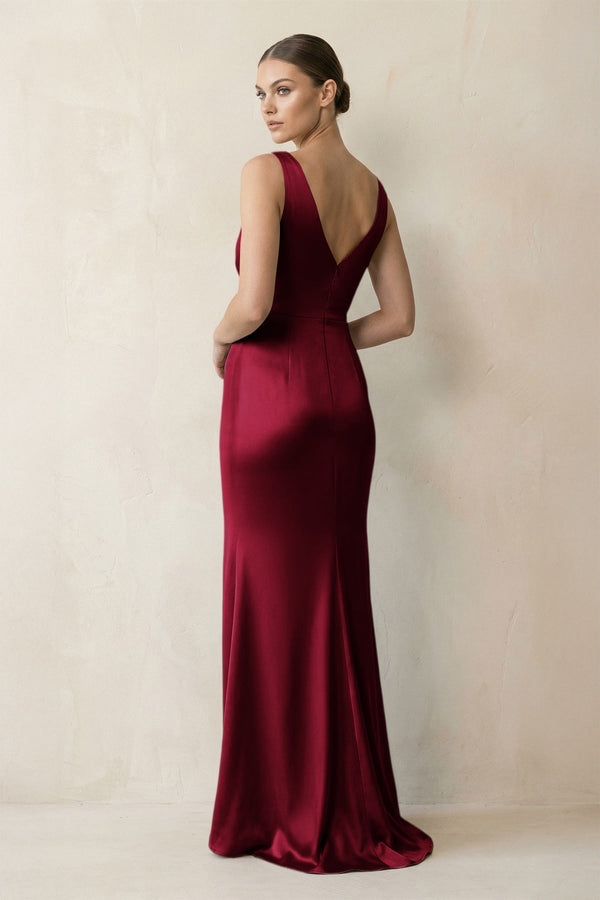 V - Neck Satin Ruched Sheath Bridesmaid Dress in Berry - KissProm Bridesmaid Dresses