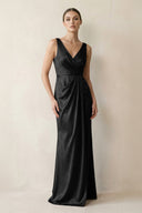 V - Neck Satin Ruched Sheath Bridesmaid Dress in Black - KissProm Bridesmaid Dresses