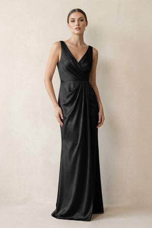 V - Neck Satin Ruched Sheath Bridesmaid Dress in Black - KissProm Bridesmaid Dresses
