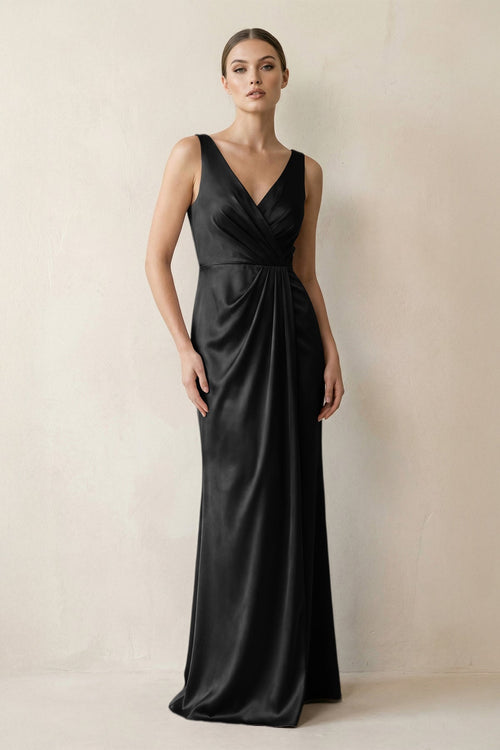 V - Neck Satin Ruched Sheath Bridesmaid Dress in Black - KissProm Bridesmaid Dresses