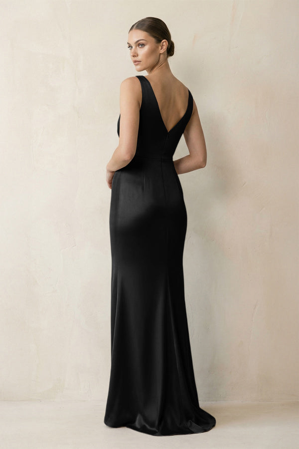 V - Neck Satin Ruched Sheath Bridesmaid Dress in Black - KissProm Bridesmaid Dresses