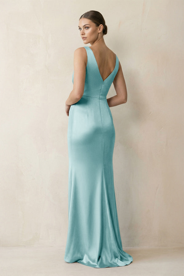 V - Neck Satin Ruched Sheath Bridesmaid Dress in Bleached Aqua - KissProm Bridesmaid Dresses