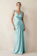 V - Neck Satin Ruched Sheath Bridesmaid Dress in Bleached Aqua - KissProm Bridesmaid Dresses