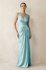 V - Neck Satin Ruched Sheath Bridesmaid Dress in Bleached Aqua - KissProm Bridesmaid Dresses