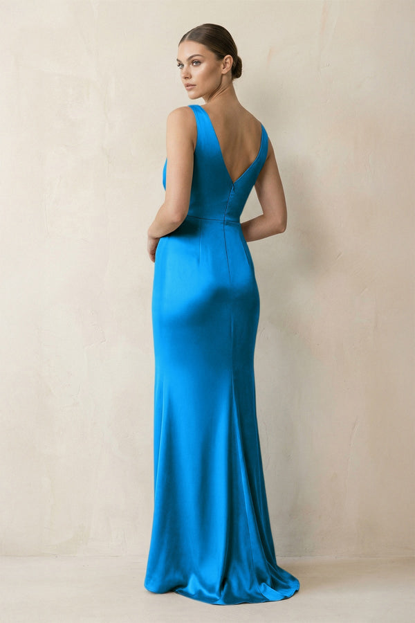 V - Neck Satin Ruched Sheath Bridesmaid Dress in Blue Jay - KissProm Bridesmaid Dresses