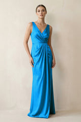 V - Neck Satin Ruched Sheath Bridesmaid Dress in Blue Jay - KissProm Bridesmaid Dresses