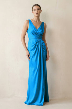 V - Neck Satin Ruched Sheath Bridesmaid Dress in Blue Jay - KissProm Bridesmaid Dresses