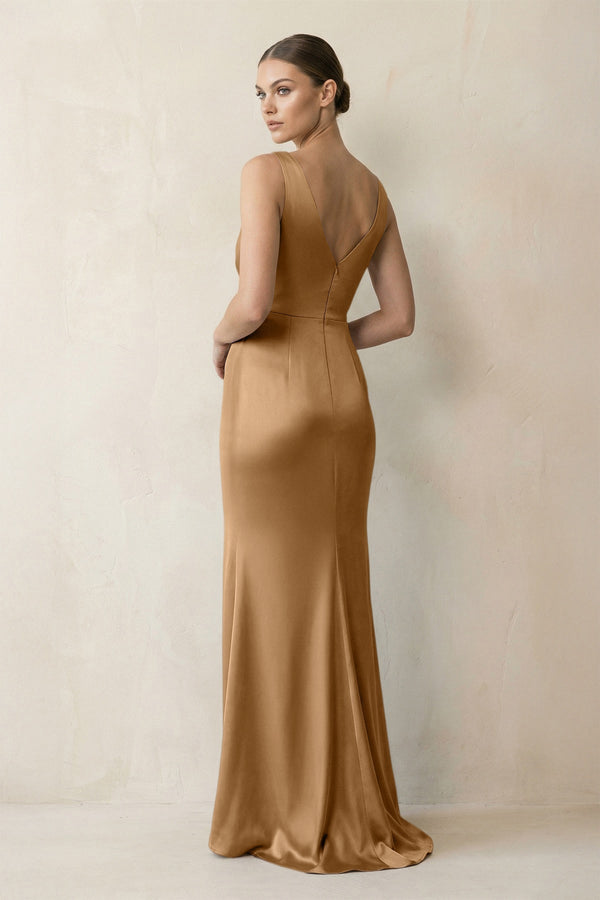 V - Neck Satin Ruched Sheath Bridesmaid Dress in Bronzer - KissProm Bridesmaid Dresses