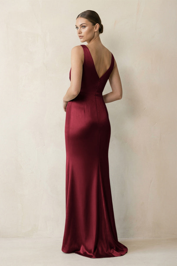 V - Neck Satin Ruched Sheath Bridesmaid Dress in Burgundy - KissProm Bridesmaid Dresses