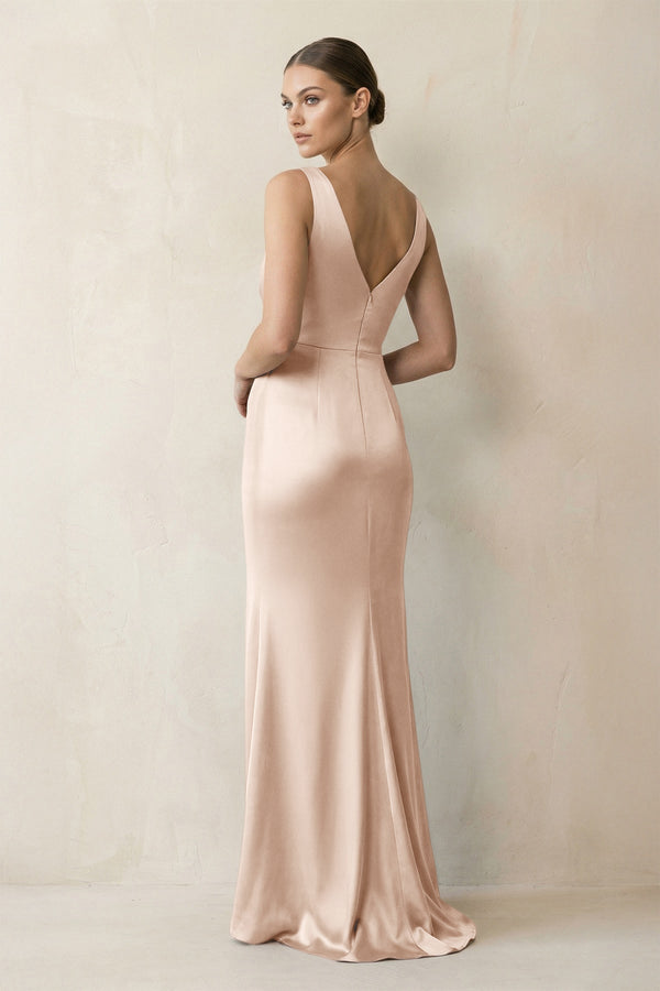 V - Neck Satin Ruched Sheath Bridesmaid Dress in Buttercream - KissProm Bridesmaid Dresses