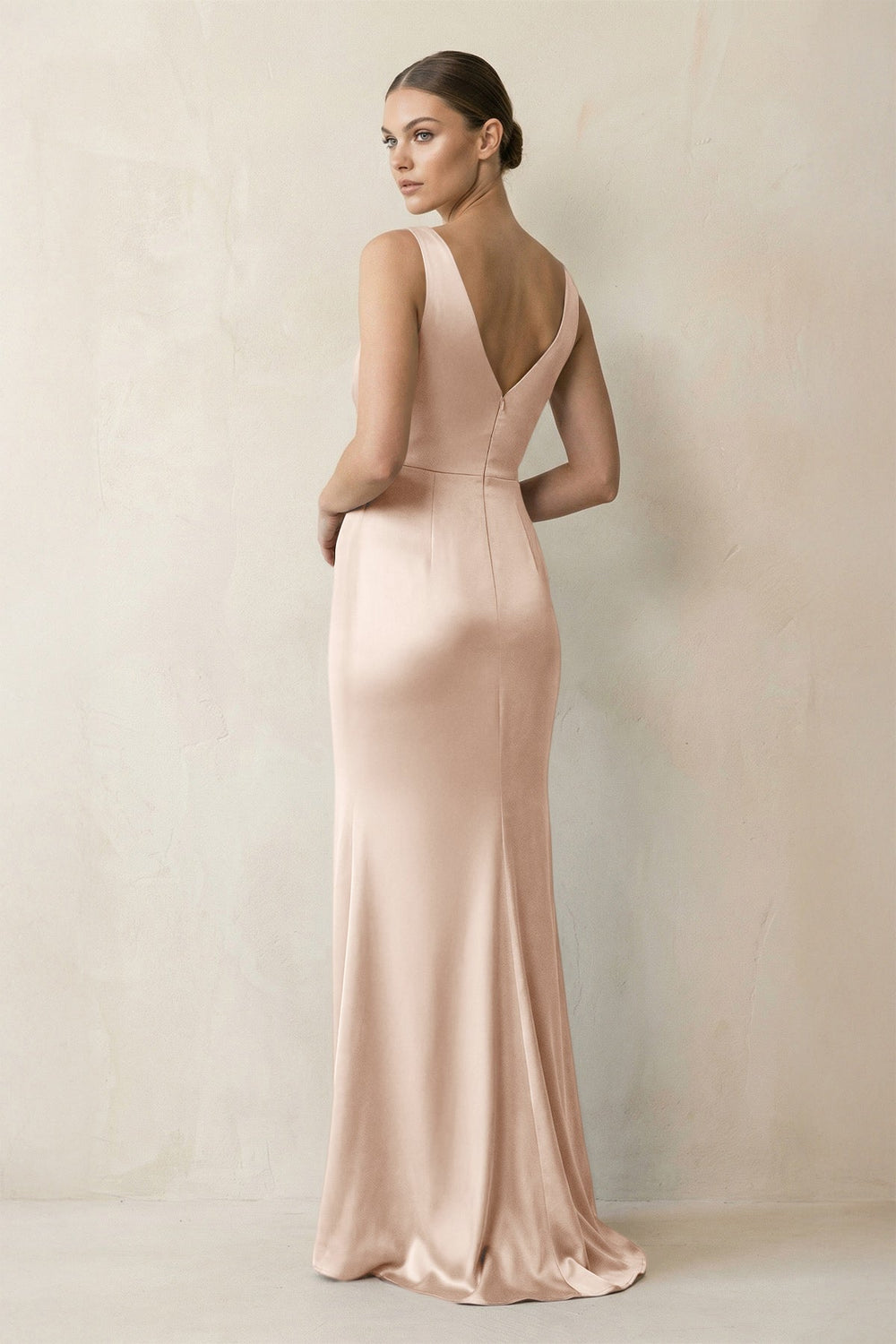 V - Neck Satin Ruched Sheath Bridesmaid Dress in Buttercream - KissProm Bridesmaid Dresses