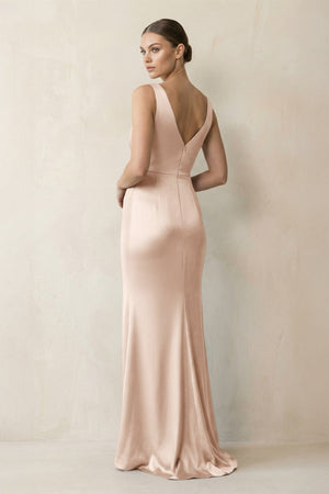V - Neck Satin Ruched Sheath Bridesmaid Dress in Buttercream - KissProm Bridesmaid Dresses