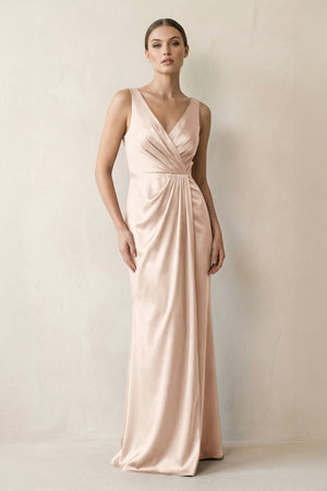 V - Neck Satin Ruched Sheath Bridesmaid Dress in Buttercream - KissProm Bridesmaid Dresses