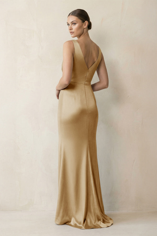 V - Neck Satin Ruched Sheath Bridesmaid Dress in Champagne - KissProm Bridesmaid Dresses
