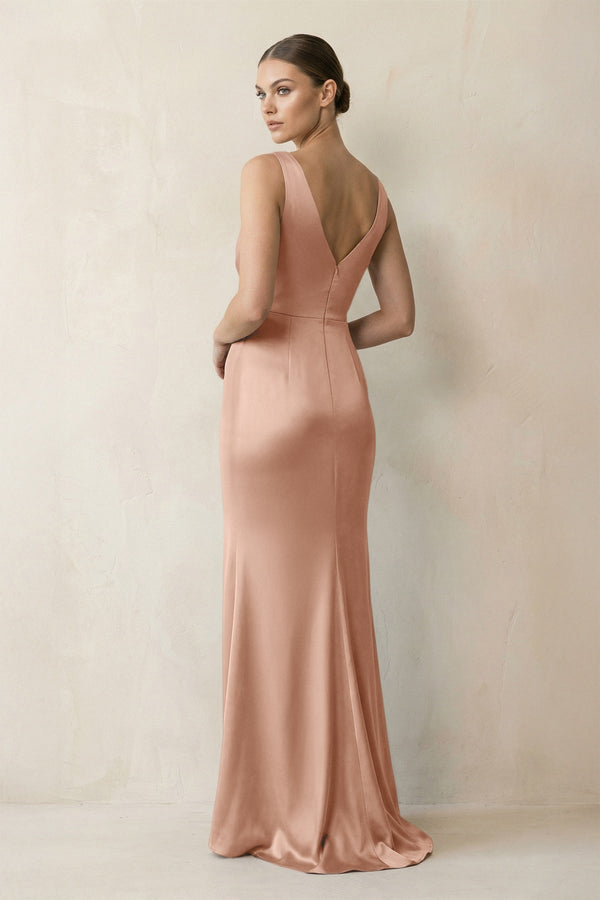 V - Neck Satin Ruched Sheath Bridesmaid Dress in Champagne Rose - KissProm Bridesmaid Dresses