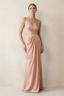 V - Neck Satin Ruched Sheath Bridesmaid Dress in Champagne Rose - KissProm Bridesmaid Dresses