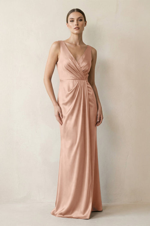 V - Neck Satin Ruched Sheath Bridesmaid Dress in Champagne Rose - KissProm Bridesmaid Dresses