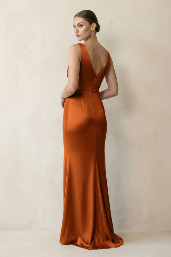 V - Neck Satin Ruched Sheath Bridesmaid Dress in Cinnamon - KissProm Bridesmaid Dresses