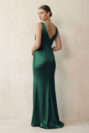V - Neck Satin Ruched Sheath Bridesmaid Dress in Dark Green - KissProm Bridesmaid Dresses