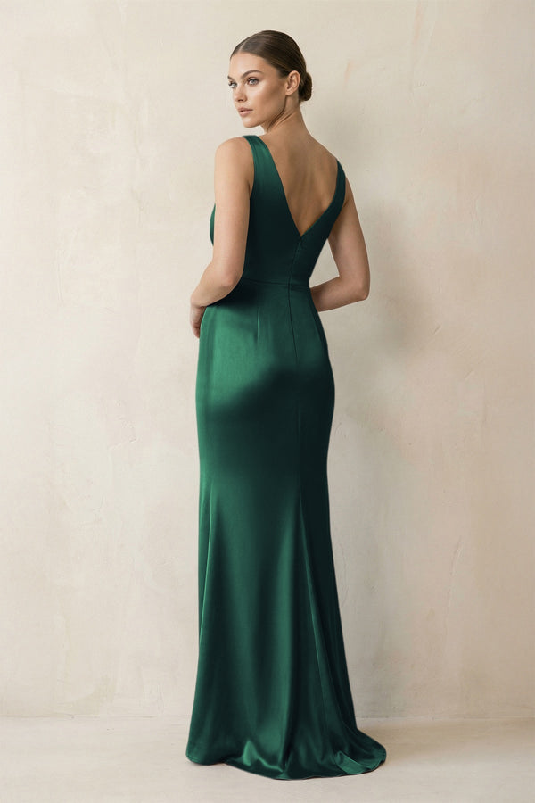V - Neck Satin Ruched Sheath Bridesmaid Dress in Dark Green - KissProm Bridesmaid Dresses