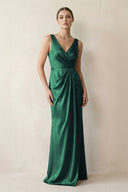 V - Neck Satin Ruched Sheath Bridesmaid Dress in Dark Green - KissProm Bridesmaid Dresses