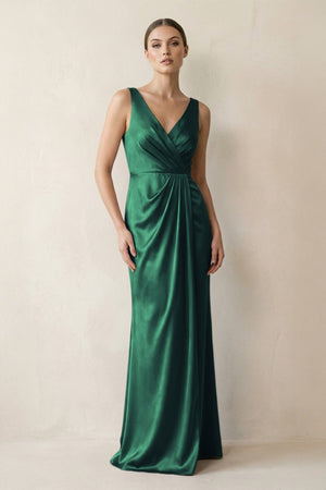 V - Neck Satin Ruched Sheath Bridesmaid Dress in Dark Green - KissProm Bridesmaid Dresses
