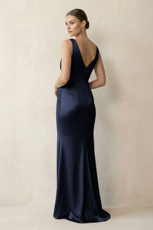 V - Neck Satin Ruched Sheath Bridesmaid Dress in Dark Navy - KissProm Bridesmaid Dresses