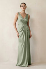 V - Neck Satin Ruched Sheath Bridesmaid Dress in Dove Gray - KissProm Bridesmaid Dresses