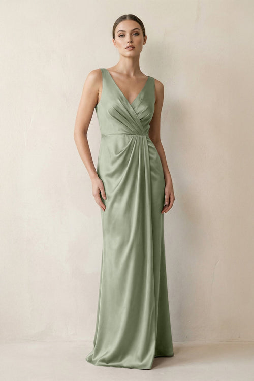 V - Neck Satin Ruched Sheath Bridesmaid Dress in Dove Gray - KissProm Bridesmaid Dresses