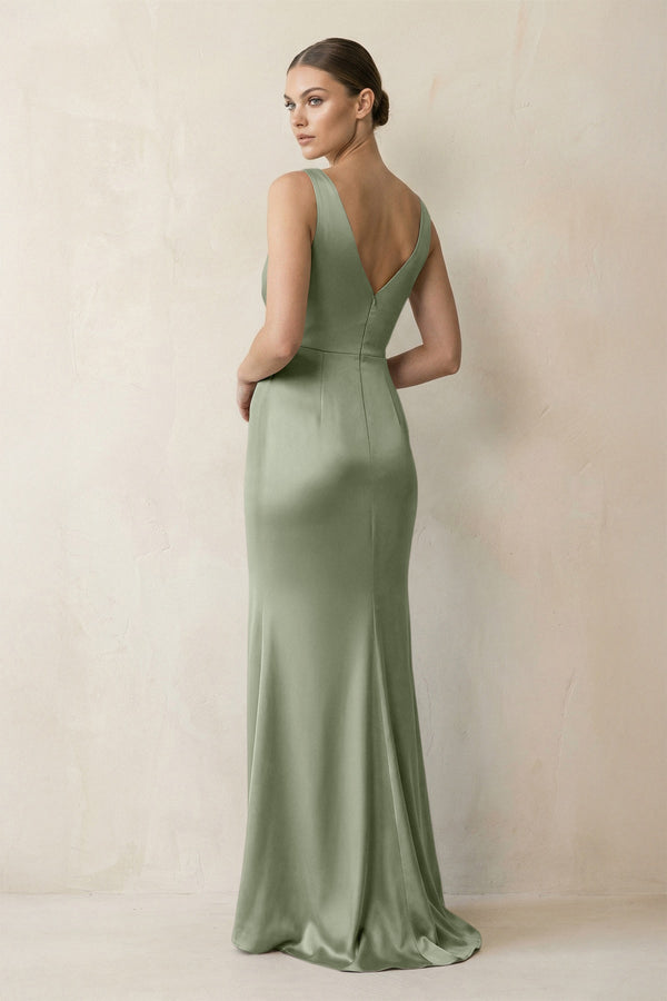 V - Neck Satin Ruched Sheath Bridesmaid Dress in Dove Gray - KissProm Bridesmaid Dresses