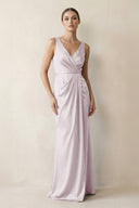 V - Neck Satin Ruched Sheath Bridesmaid Dress in Dusk - KissProm Bridesmaid Dresses