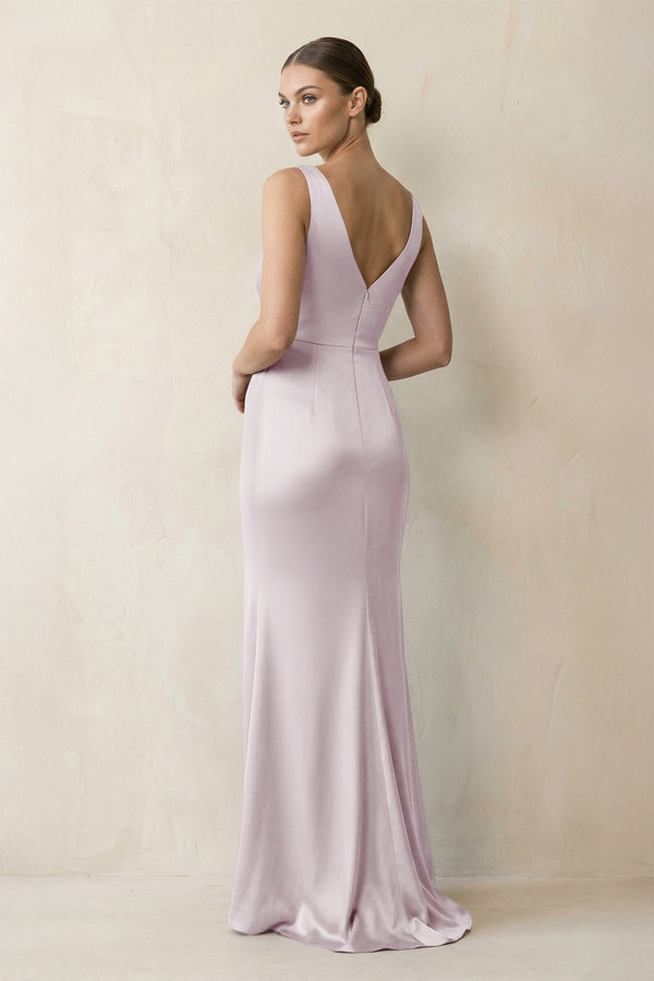 V - Neck Satin Ruched Sheath Bridesmaid Dress in Dusk - KissProm Bridesmaid Dresses