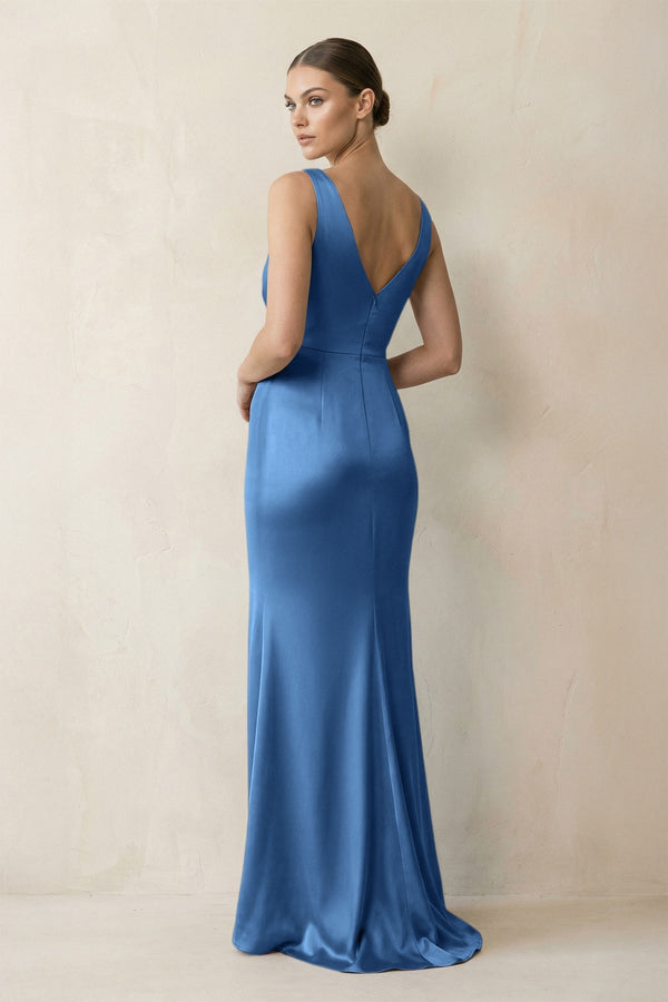 V - Neck Satin Ruched Sheath Bridesmaid Dress in Dusty Blue - KissProm Bridesmaid Dresses