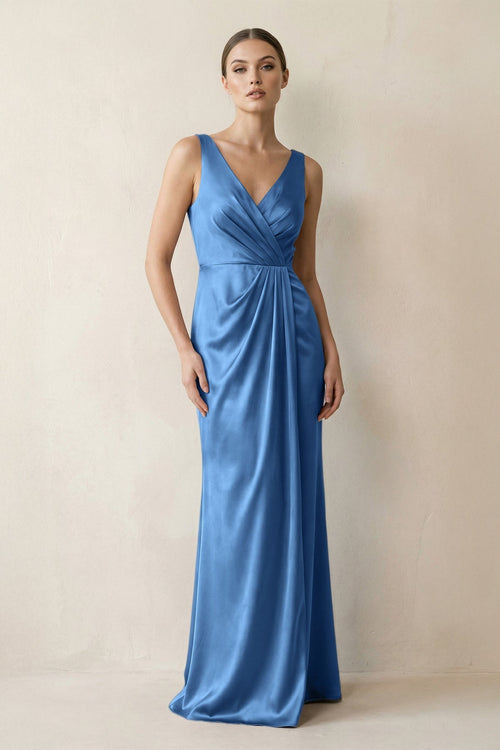 V - Neck Satin Ruched Sheath Bridesmaid Dress in Dusty Blue - KissProm Bridesmaid Dresses