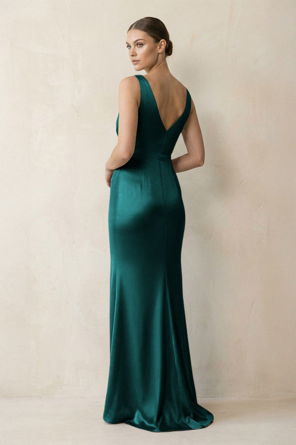V - Neck Satin Ruched Sheath Bridesmaid Dress in Emerald - KissProm Bridesmaid Dresses