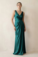 V - Neck Satin Ruched Sheath Bridesmaid Dress in Emerald - KissProm Bridesmaid Dresses