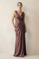 V - Neck Satin Ruched Sheath Bridesmaid Dress in Espresso - KissProm Bridesmaid Dresses