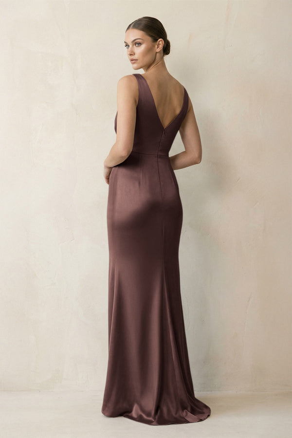 V - Neck Satin Ruched Sheath Bridesmaid Dress in Espresso - KissProm Bridesmaid Dresses