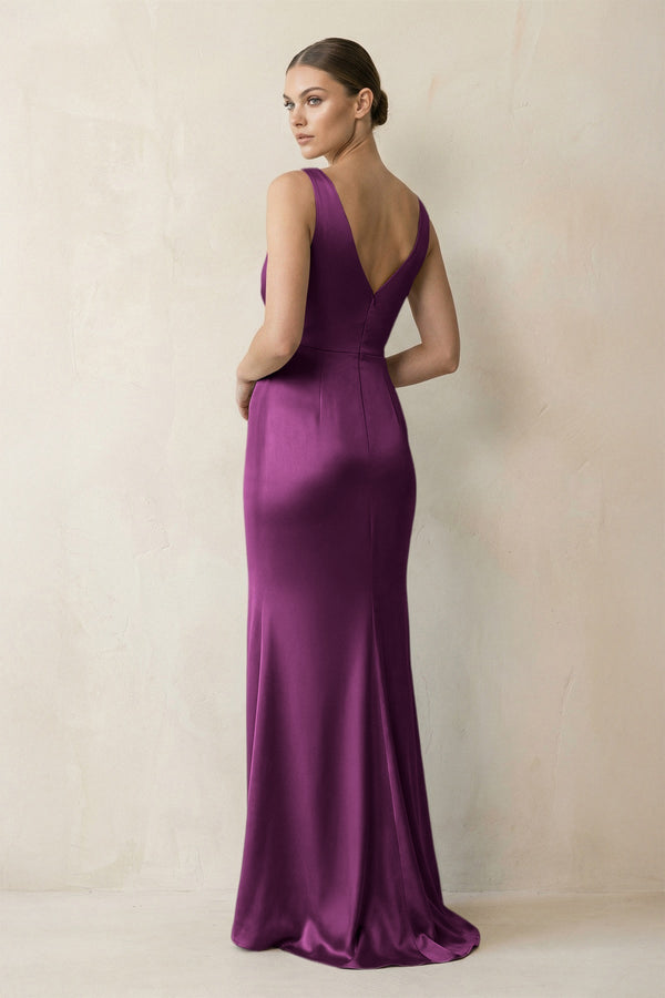 V - Neck Satin Ruched Sheath Bridesmaid Dress in Fig - KissProm Bridesmaid Dresses