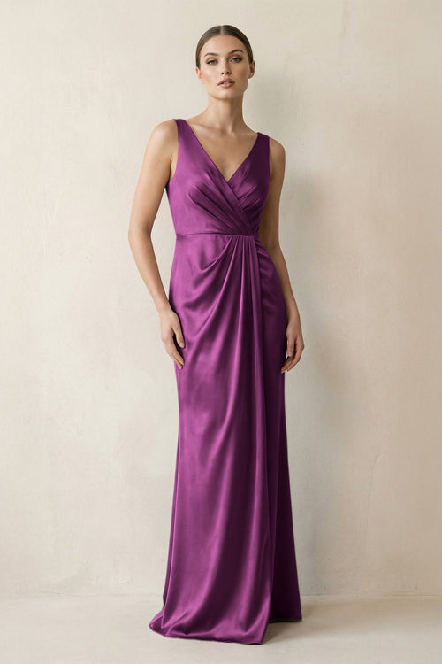 V - Neck Satin Ruched Sheath Bridesmaid Dress in Fig - KissProm Bridesmaid Dresses