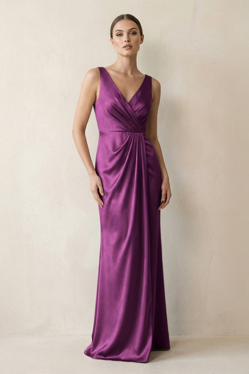 V - Neck Satin Ruched Sheath Bridesmaid Dress in Fig - KissProm Bridesmaid Dresses