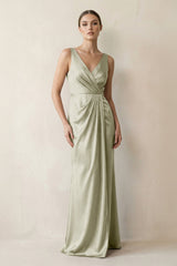 V - Neck Satin Ruched Sheath Bridesmaid Dress in Frost - KissProm Bridesmaid Dresses