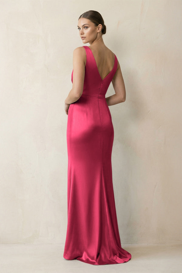V - Neck Satin Ruched Sheath Bridesmaid Dress in Fuchsia - KissProm Bridesmaid Dresses