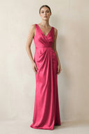 V - Neck Satin Ruched Sheath Bridesmaid Dress in Fuchsia - KissProm Bridesmaid Dresses